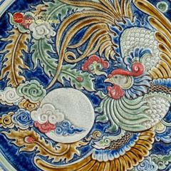 Đĩa Trưng Bày Đắp Nổi Vẽ Màu Chim Phượng