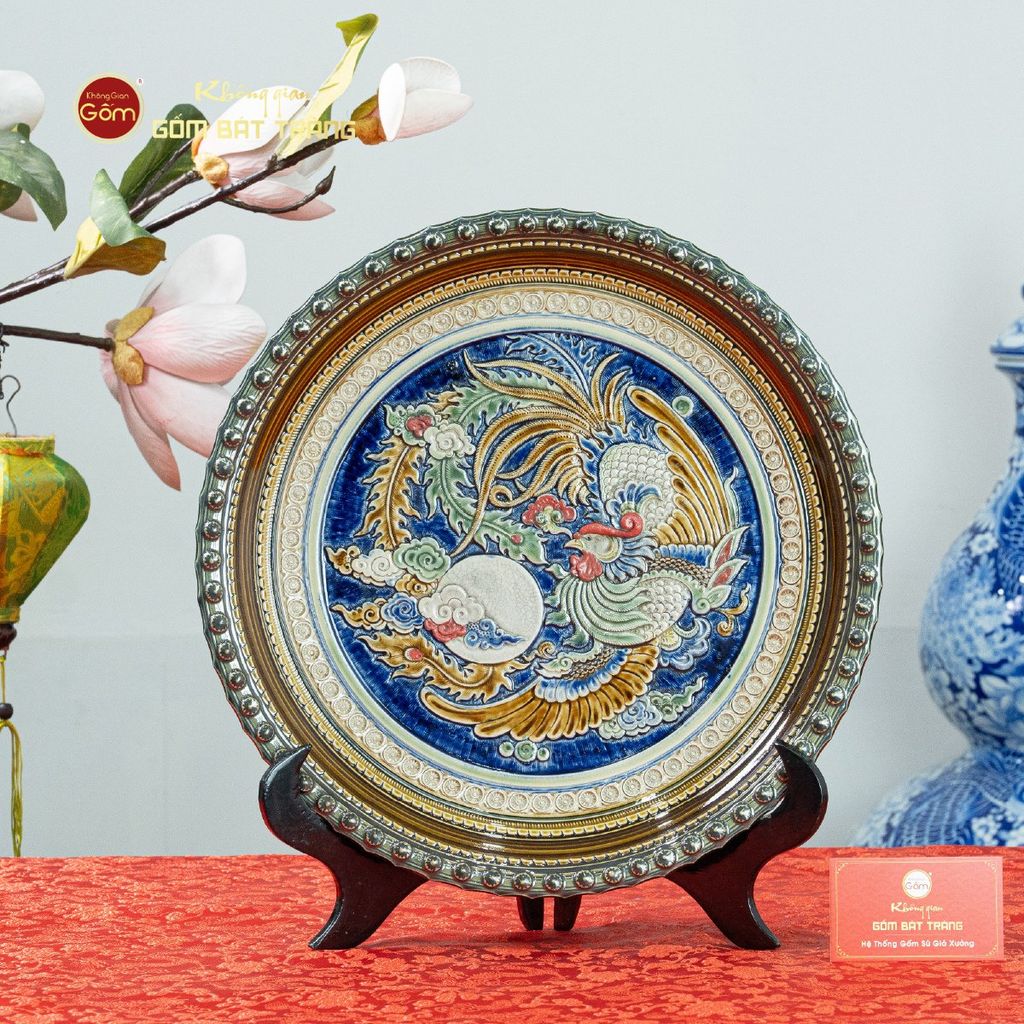 Đĩa Trưng Bày Đắp Nổi Vẽ Màu Chim Phượng