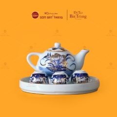 Bộ Ấm Chén Thờ Men Lam Vẽ Vàng Họa Tiết Hoa Sen