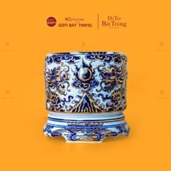 Bát Hương Men Lam Nổi Song Long Chầu Nguyệt Vẽ Vàng