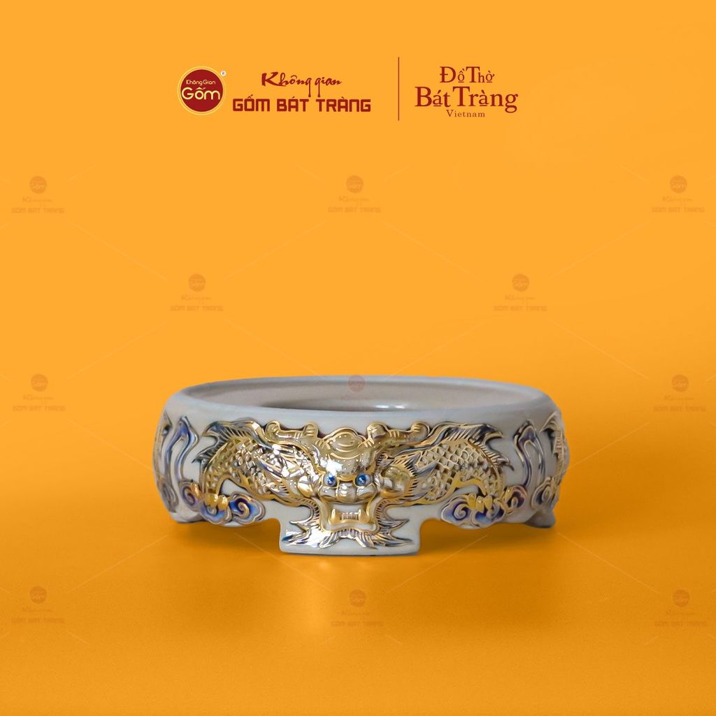 Bát Hương Men Hoàng Tộc Vẽ Vàng Họa Tiết Song Long Chầu Nguyệt
