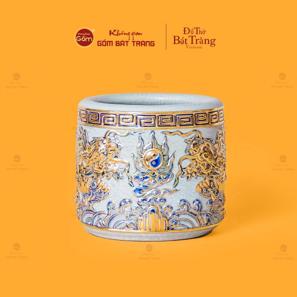 Bát Hương Song Long Chầu Nguyệt Men Rạn Vẽ Vàng