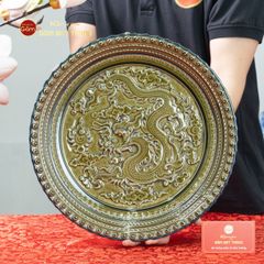 Đĩa Trưng Bày Đắp Nổi Men Xanh Long Cuốn Thủy
