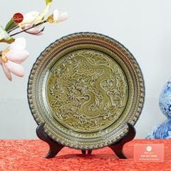 Đĩa Trưng Bày Đắp Nổi Men Xanh Long Cuốn Thủy