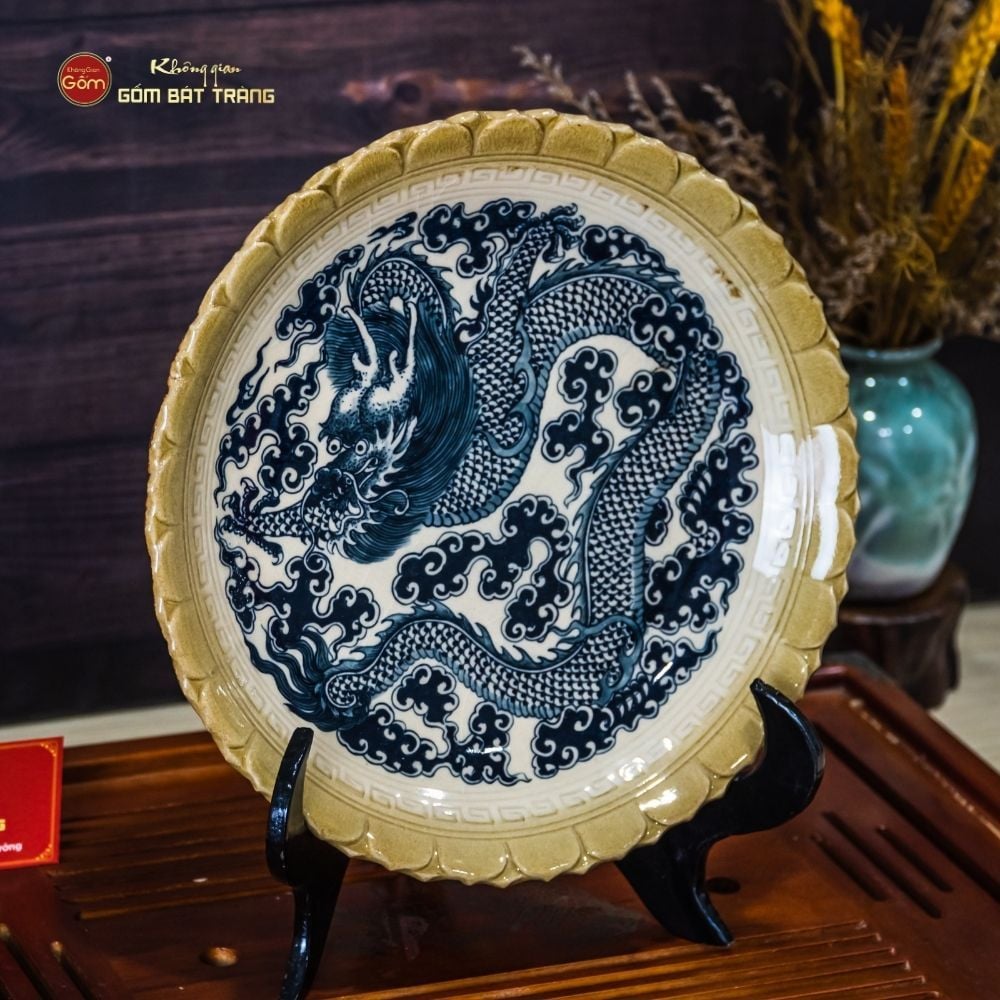 Đĩa Trưng Bày Men Hoàng Thổ Độc Long Đẳng Vân
