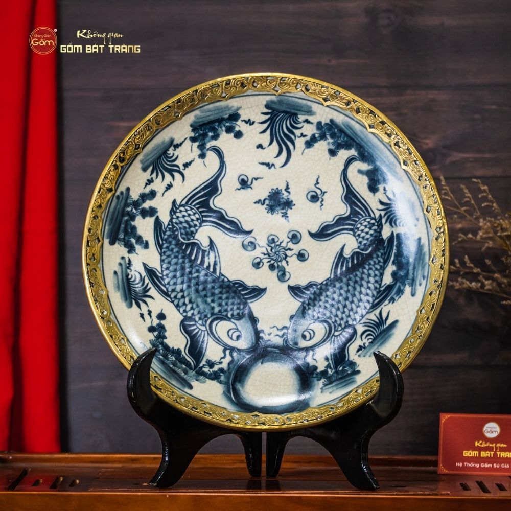 Đĩa Trưng Bày Men Rạn Bọc Đồng Song Ngư Cát Hạnh