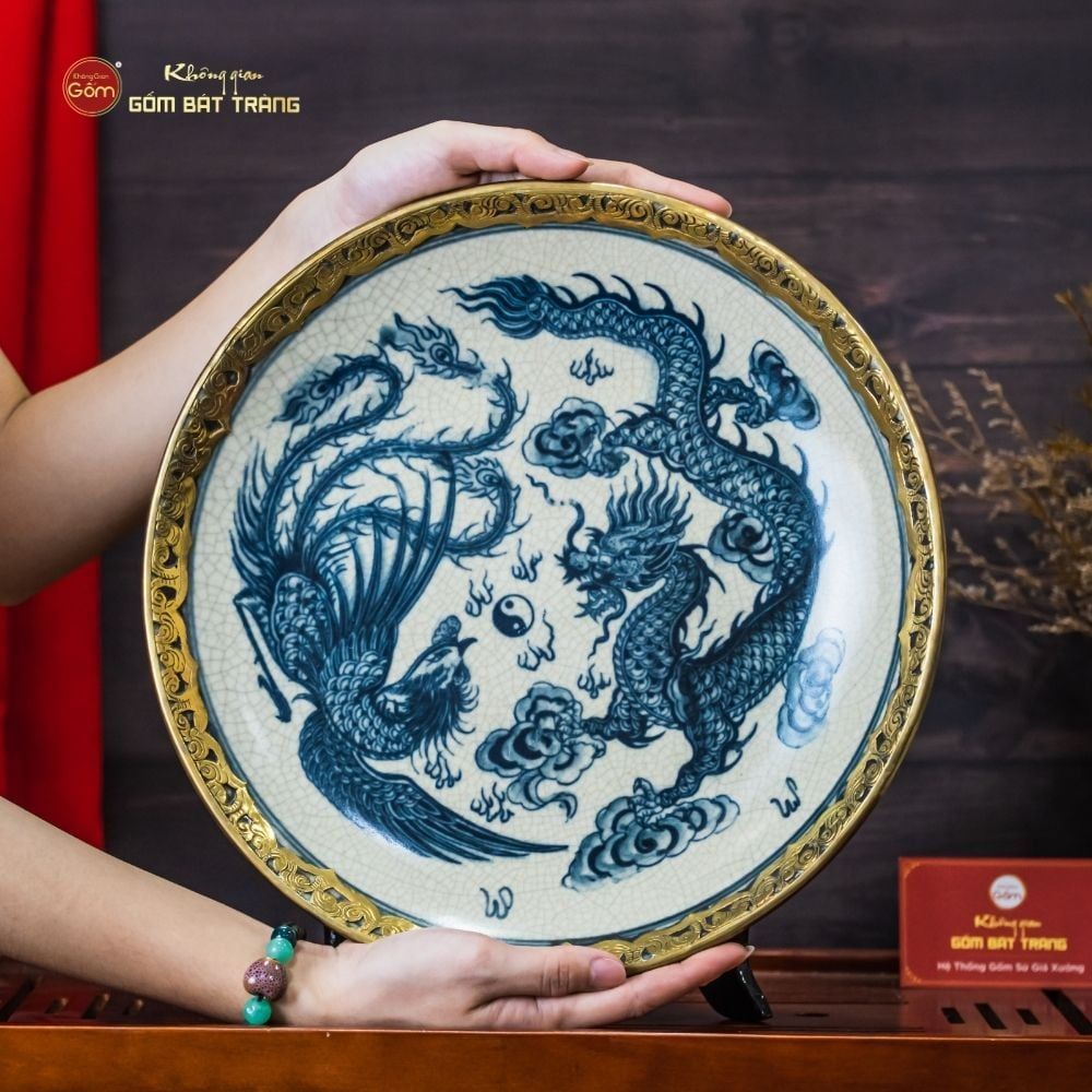 Đĩa Trưng Bày Men Rạn Bọc Đồng Long Phụng Trình Tường