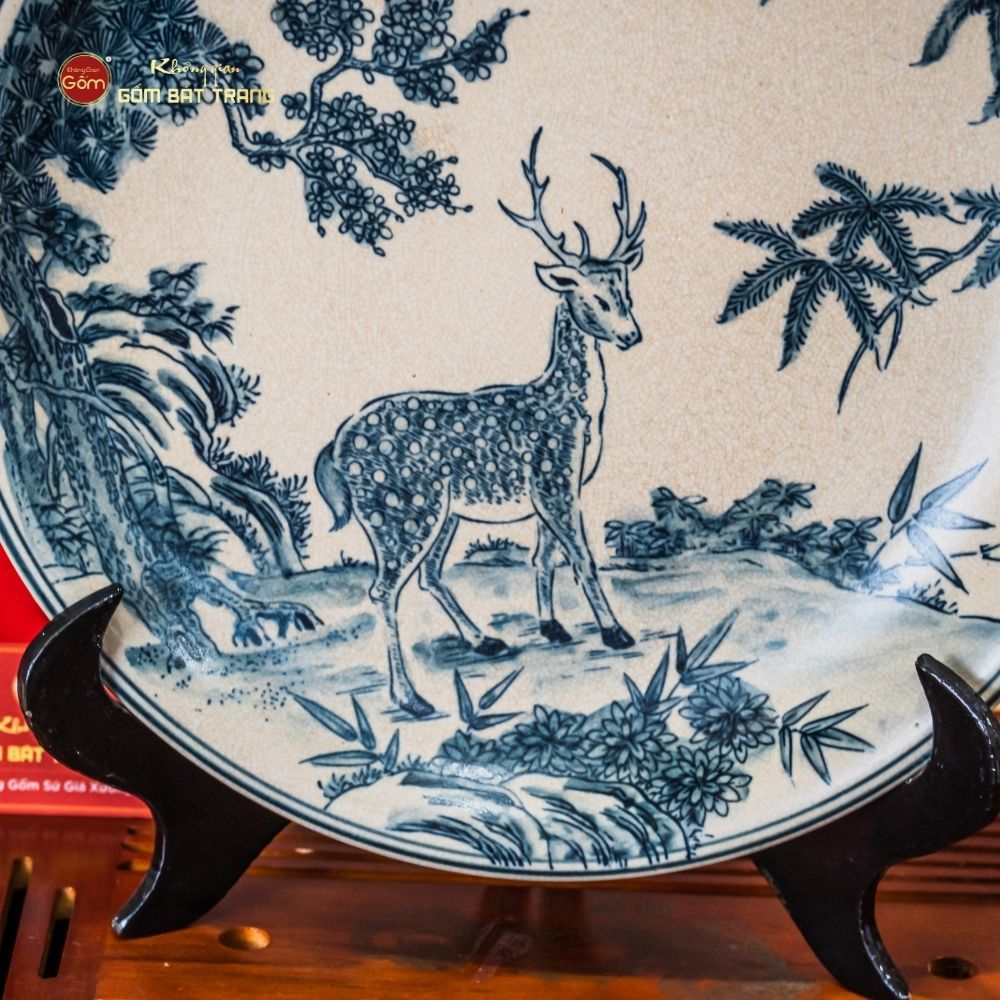 Đĩa Trưng Bày Men Rạn Hươu Sao Chim Hạc