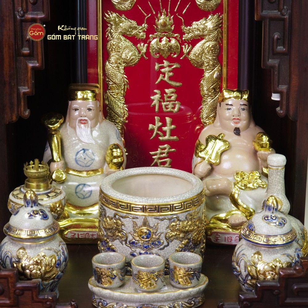 Bộ Tượng Thần Tài Thổ Địa Men Rạn Dát Vàng