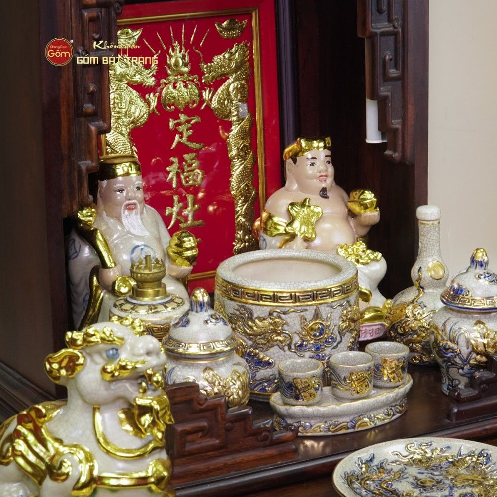 Bộ Tượng Thần Tài Thổ Địa Men Rạn Dát Vàng