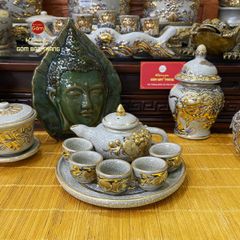 Bộ Ấm Chén Thờ Men Rạn Vẽ Vàng