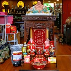 Bộ Đồ Thờ Thần Tài Thổ Địa Men Đỏ Vẽ Vàng