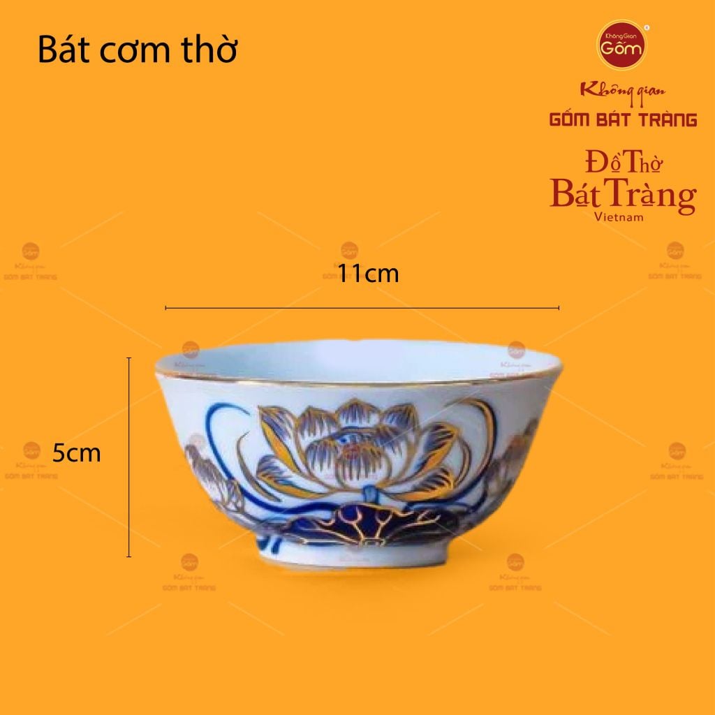 Bát Cơm Men Lam Vẽ Vàng Họa Tiết Hoa Sen