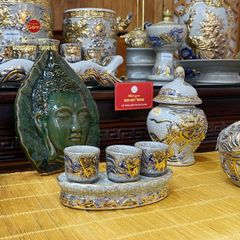 Bộ Kỷ 3 Chén Thờ Cong Men Rạn Vẽ Vàng