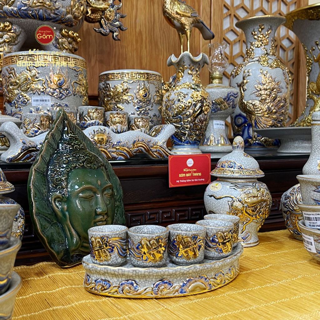 Bộ Kỷ 5 Chén Thờ Cong Men Rạn Vẽ Vàng