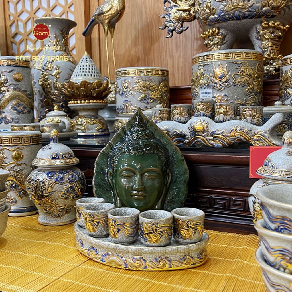 Bộ Kỷ 5 Chén Thờ Cong Men Rạn Vẽ Vàng