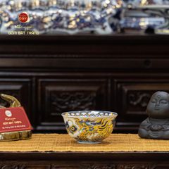 Bát Cơm Thờ Men Lam Nổi Kim Long Đẳng Vân Vẽ Vàng