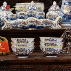 Bát Cơm Men Lam Vẽ Vàng Họa Tiết Hoa Sen