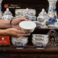 Bát Cơm Men Lam Vẽ Vàng Họa Tiết Hoa Sen