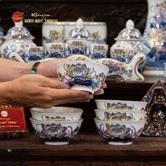 Bát Cơm Men Lam Vẽ Vàng Họa Tiết Hoa Sen