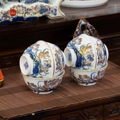 Bát Cơm Men Lam Vẽ Vàng Họa Tiết Hoa Sen