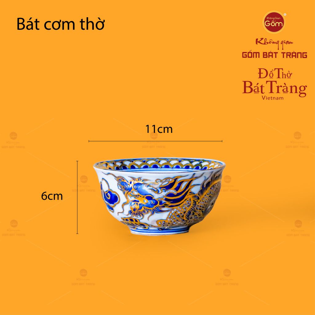 Bát Cơm Thờ Men Lam Nổi Kim Long Đẳng Vân Vẽ Vàng