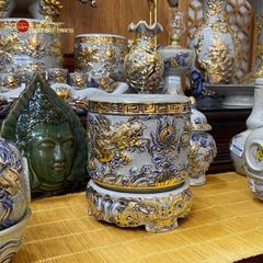 Bát Hương Song Long Chầu Nguyệt Men Rạn Vẽ Vàng