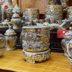 Bát Hương Song Long Chầu Nguyệt Men Rạn Vẽ Vàng