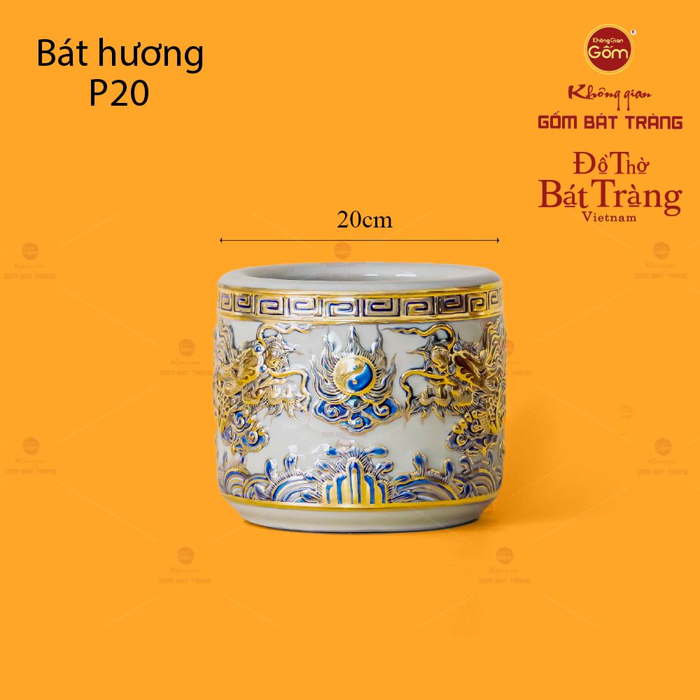 Bát Hương Men Hoàng Tộc Vẽ Vàng Họa Tiết Song Long Chầu Nguyệt