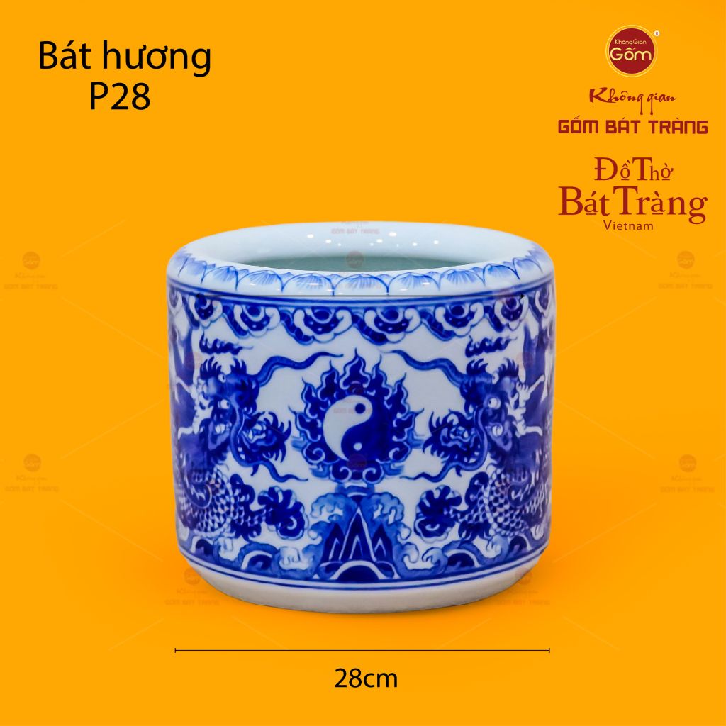 Bát Hương Men Lam Họa Tiết Song Long Chầu Nguyệt