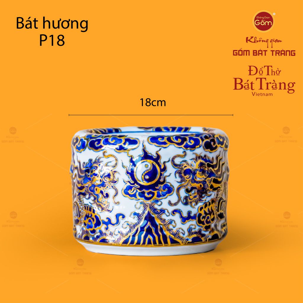 Bát Hương Men Lam Nổi Song Long Chầu Nguyệt Vẽ Vàng