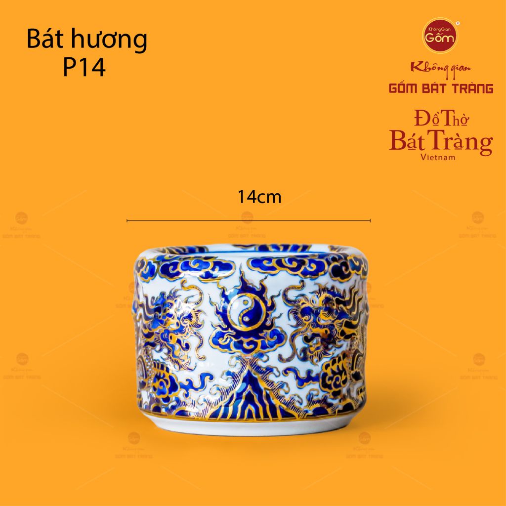 Bát Hương Men Lam Nổi Song Long Chầu Nguyệt Vẽ Vàng