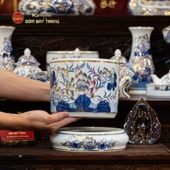 Bát Hương Men Lam Vẽ Vàng Họa Tiết Hoa Sen