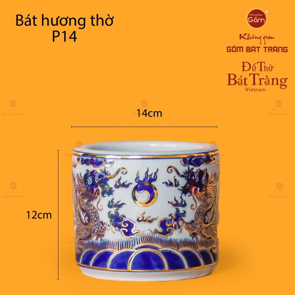 Bát Hương Men Lam Vẽ Vàng Song Long Chầu Ngọc