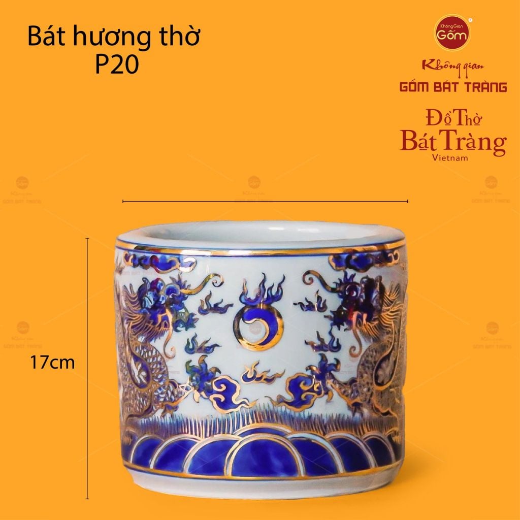 Bát Hương Men Lam Vẽ Vàng Song Long Chầu Ngọc