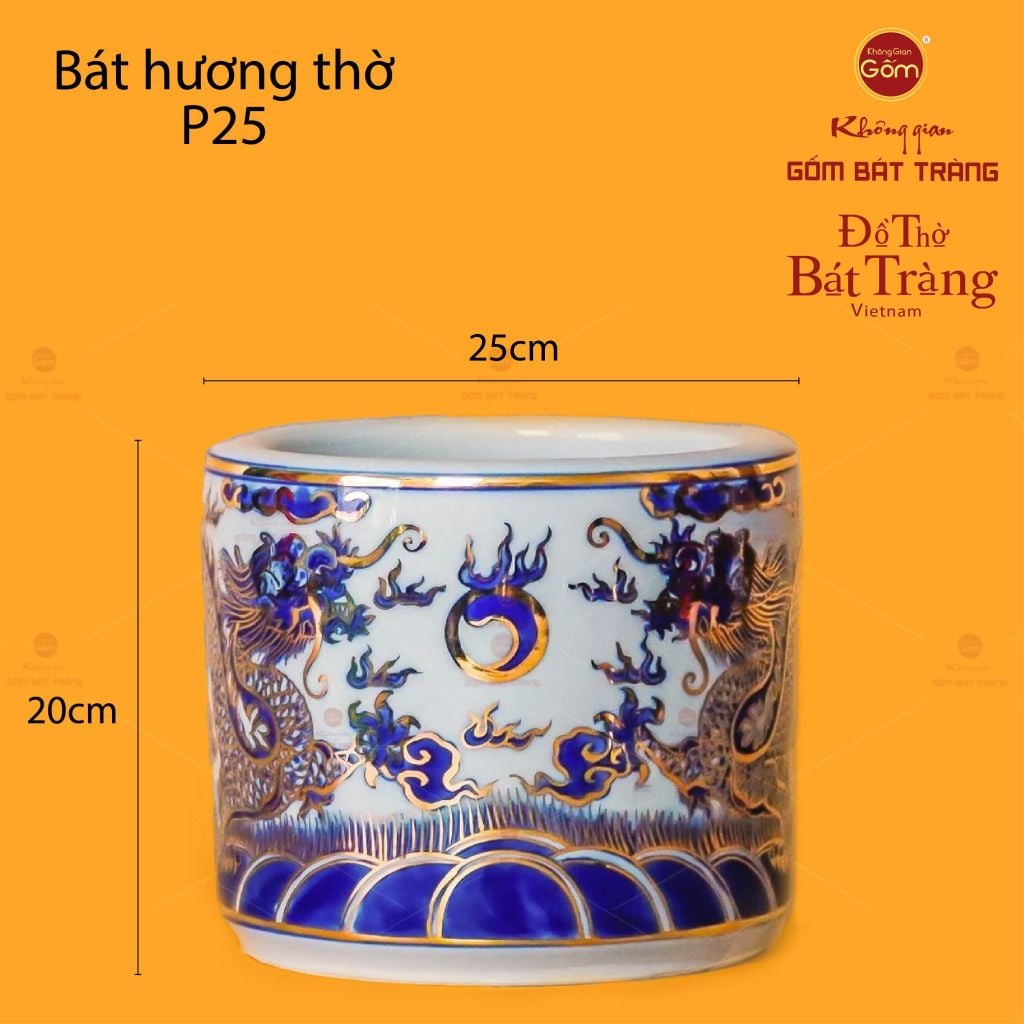 Bát Hương Men Lam Vẽ Vàng Song Long Chầu Ngọc