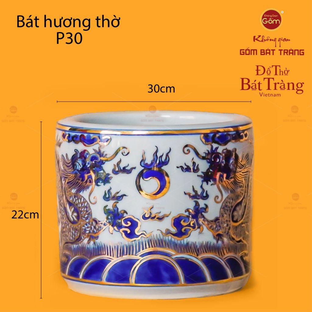 Bát Hương Men Lam Vẽ Vàng Song Long Chầu Ngọc