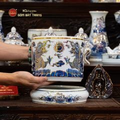 Bát Hương Men Lam Vẽ Vàng Song Long Chầu Ngọc