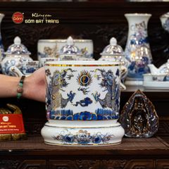 Bát Hương Men Lam Vẽ Vàng Song Long Chầu Ngọc