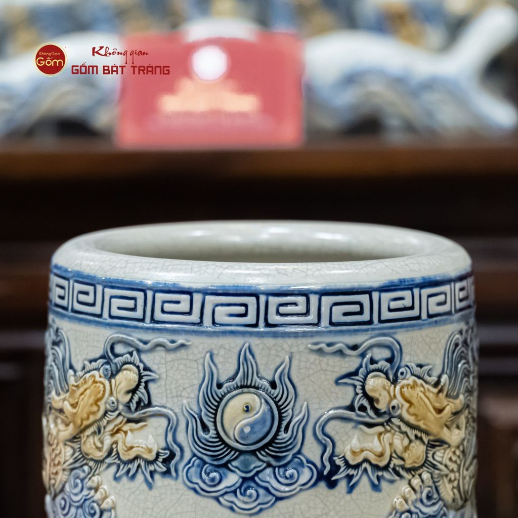 Bát Hương Thờ Men Rạn Họa Tiết Song Long Chầu Nguyệt