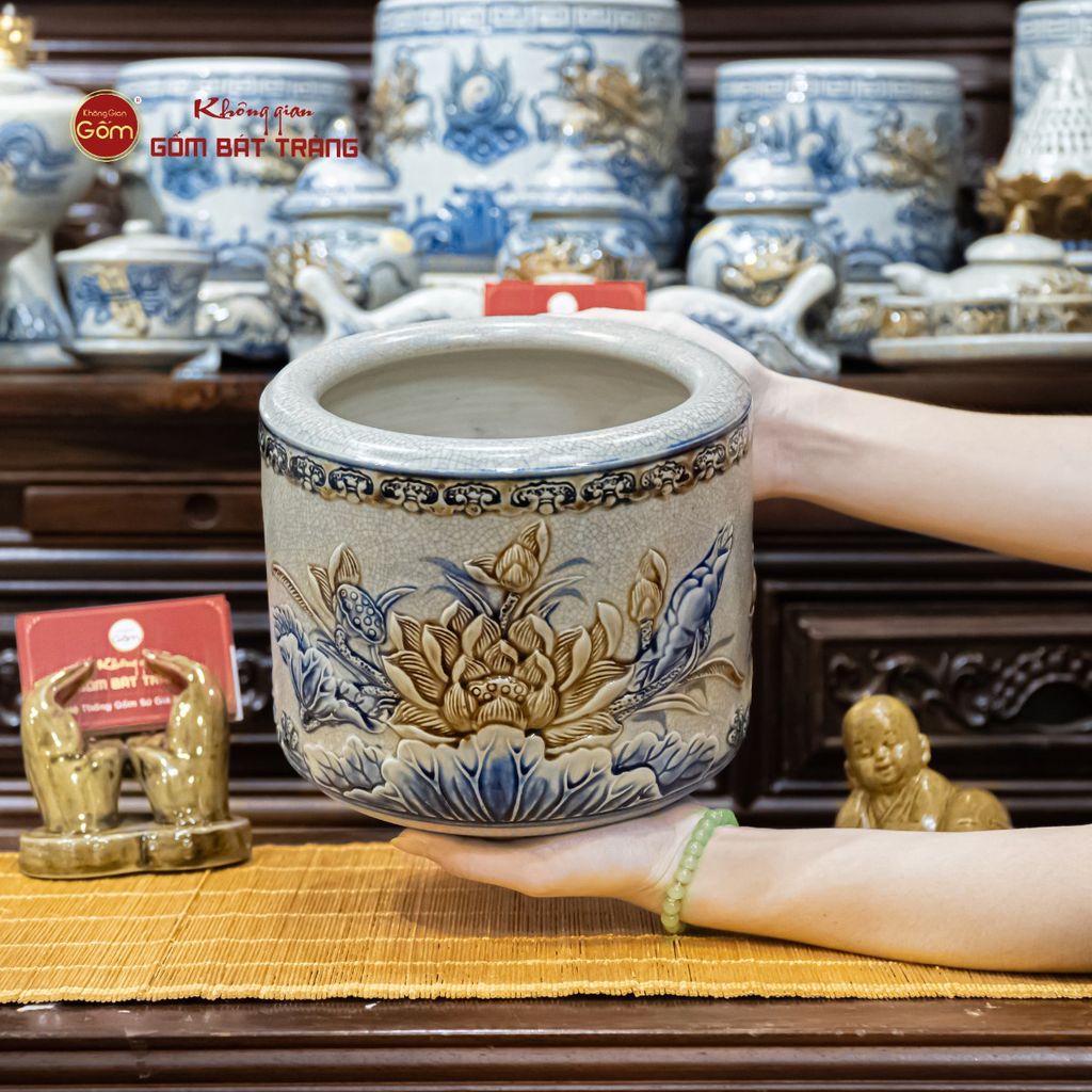 Bát Hương Thờ Men Rạn Họa Tiết Hoa Sen