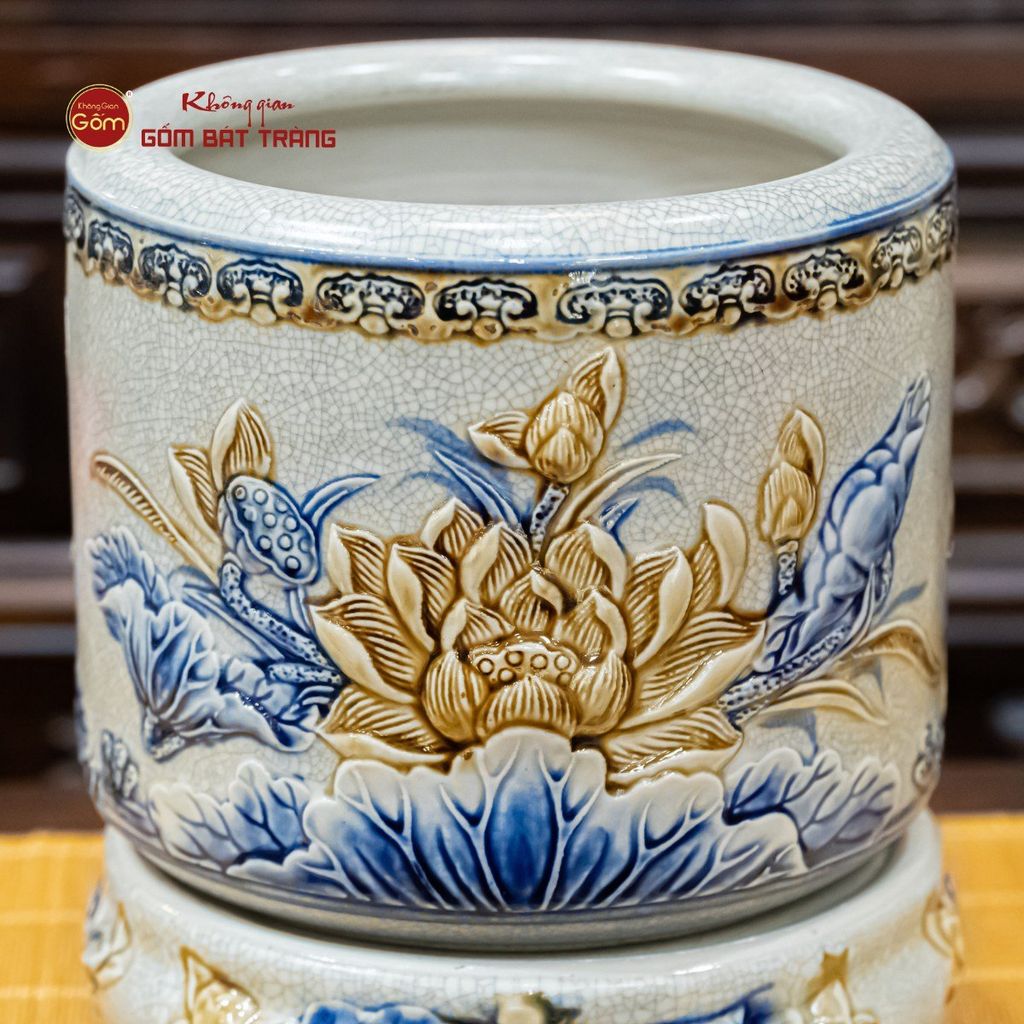 Bát Hương Thờ Men Rạn Họa Tiết Hoa Sen