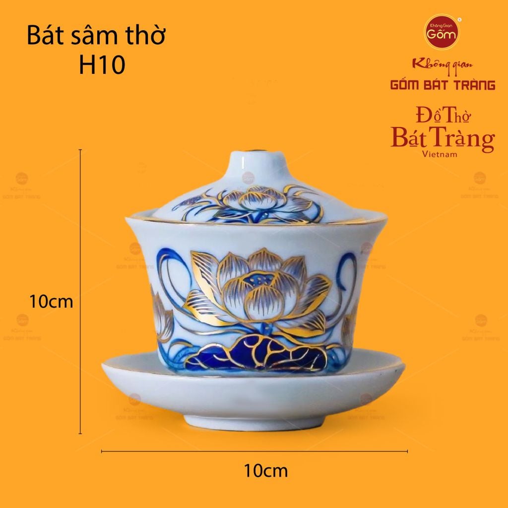 Bát Sâm Men Lam Vẽ Vàng Họa Tiết Hoa Sen