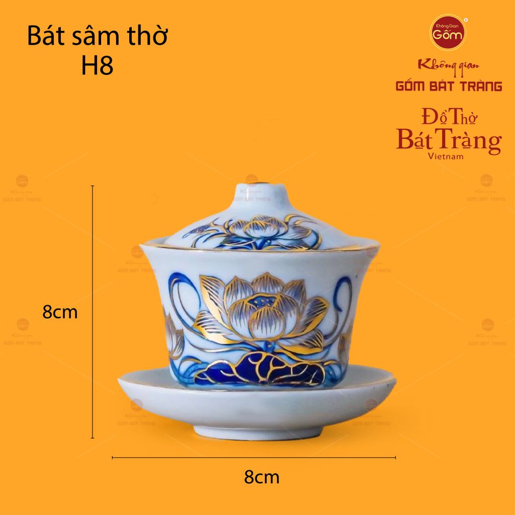 Bát Sâm Men Lam Vẽ Vàng Họa Tiết Hoa Sen