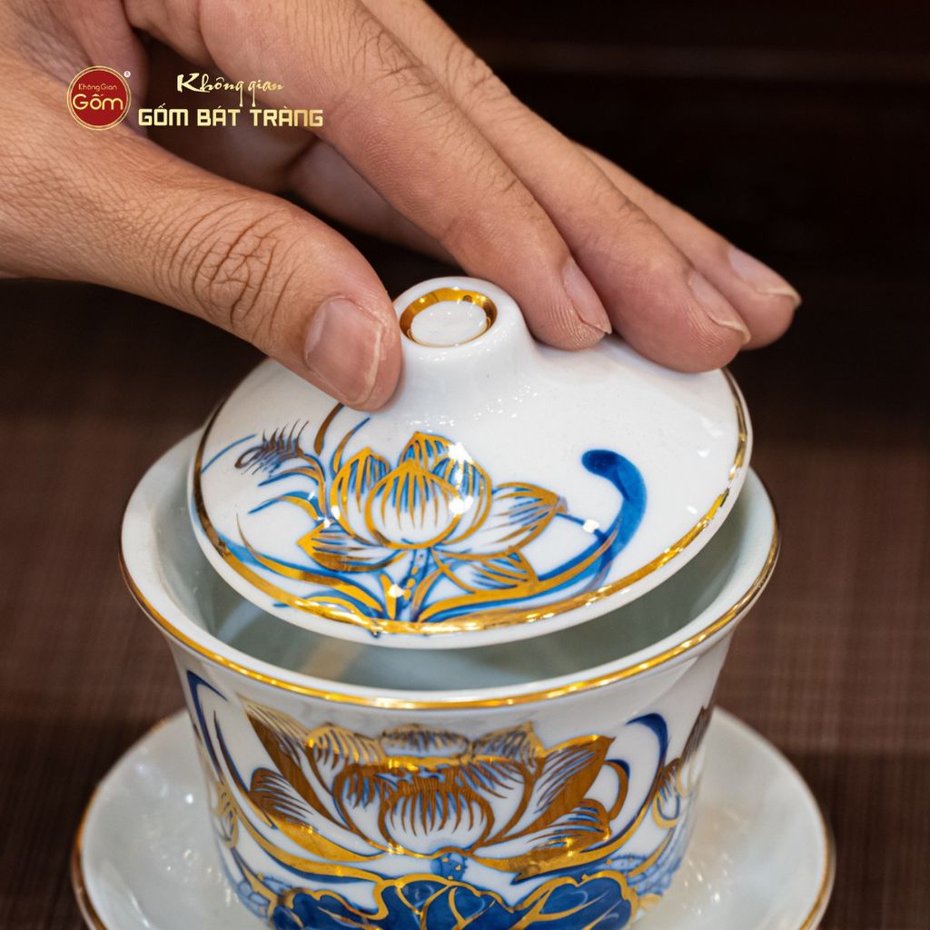 Bát Sâm Men Lam Vẽ Vàng Họa Tiết Hoa Sen