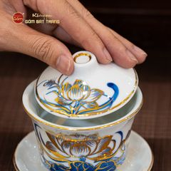 Bát Sâm Men Lam Vẽ Vàng Họa Tiết Hoa Sen