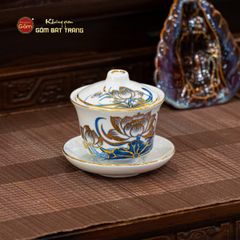 Bát Sâm Men Lam Vẽ Vàng Họa Tiết Hoa Sen