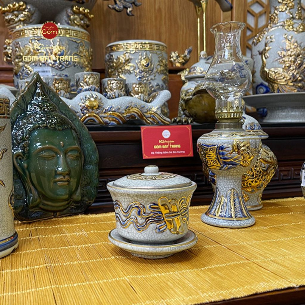 Bát Sâm Thờ Cuốn Thư Men Rạn Vẽ Vàng