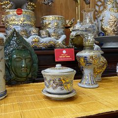 Bát Sâm Thờ Cuốn Thư Men Rạn Vẽ Vàng