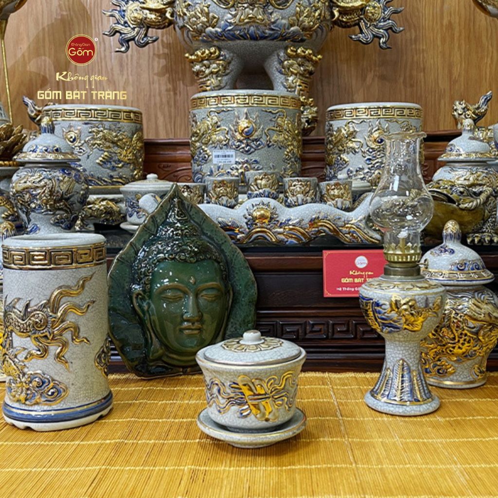 Bát Sâm Thờ Cuốn Thư Men Rạn Vẽ Vàng
